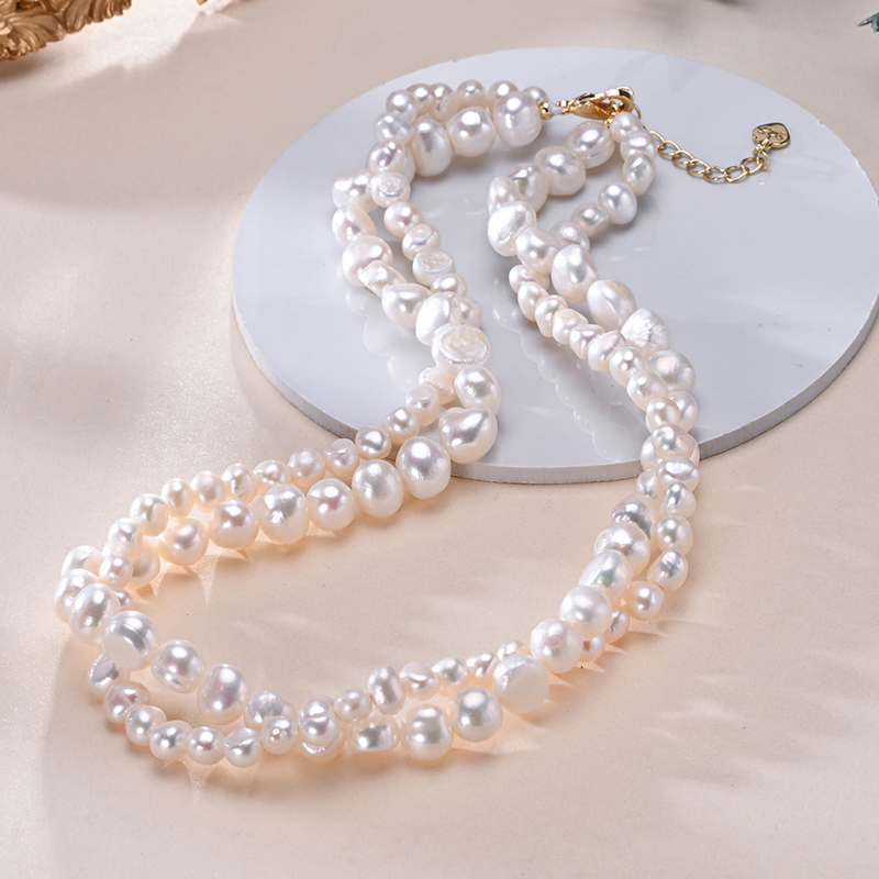 Pearl Trim Chain - HENGSHENG 바로크 민물 화이트 진주 더블