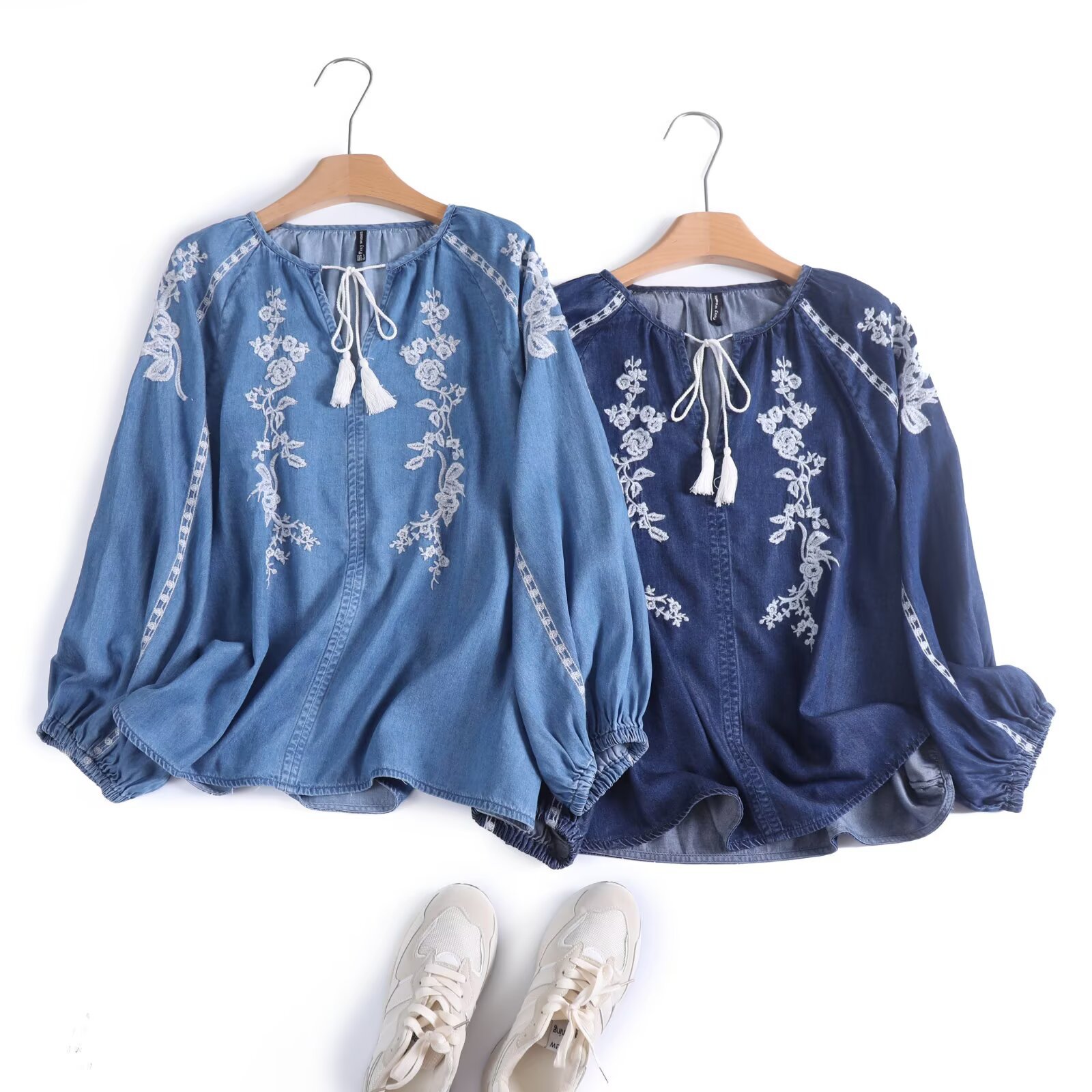 여성 데님 블라우스 탑 플라워 자수 랜턴 슬리브 라운드 - Tassel Fringe Trim 리뷰 및 가격